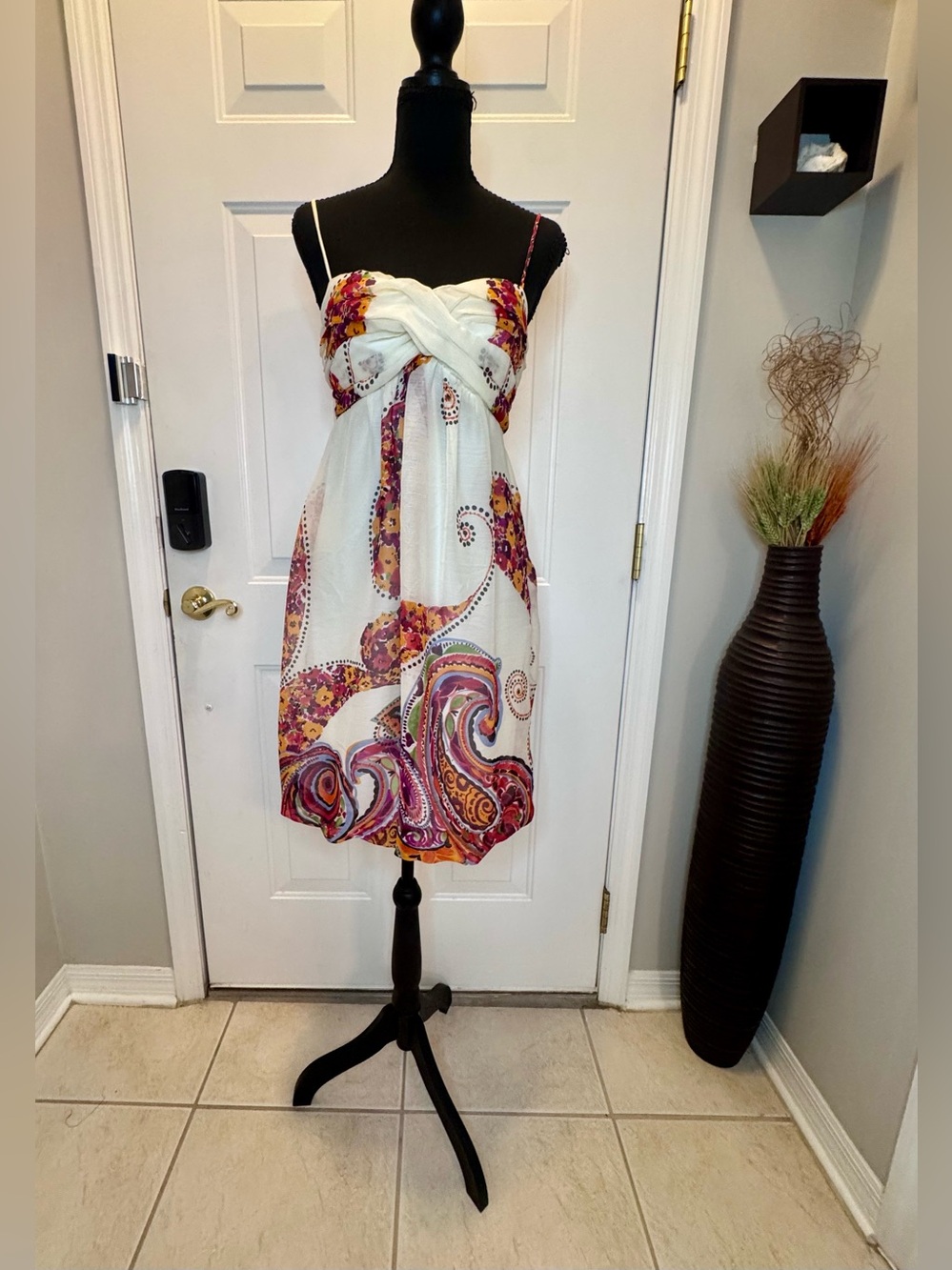 Intrigue Cream Multi Smocked Strap Dress